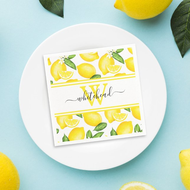 Italian Summer Lemon Citrus Pattern Monogram Napkins (Creator Uploaded)