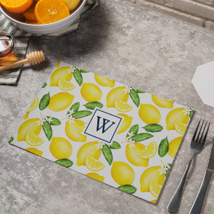 Italian Summer Lemon Citrus Pattern Monogram White Placemat
