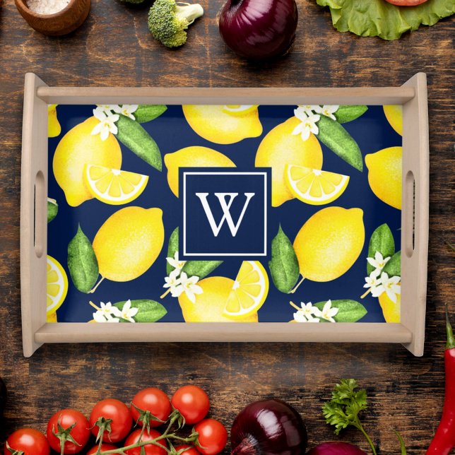 Italian Summer Lemon Monogram Navy Blue Serving Tray (Creator Uploaded)