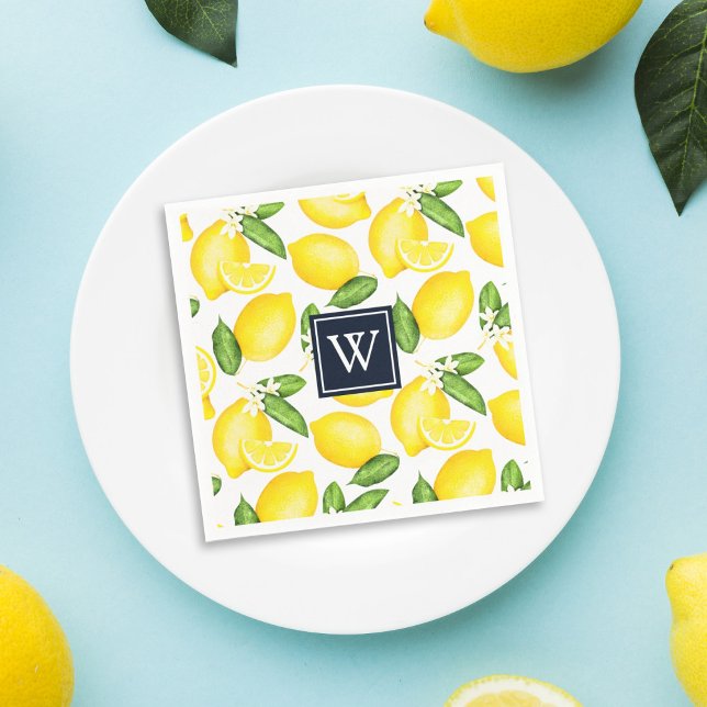 Italian Summer Lemon Navy Blue Monogram Napkins (Creator Uploaded)