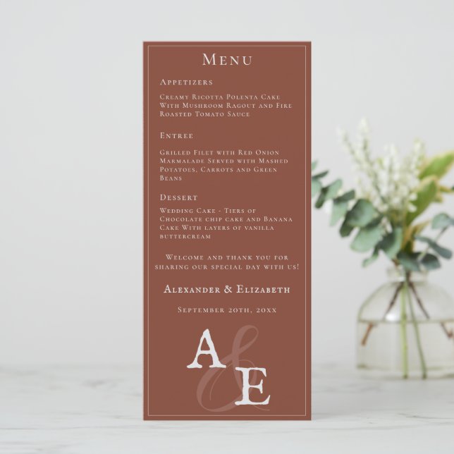 Italian Sunset Orange Minimalist Monogram Wedding Menu (Standing Front)