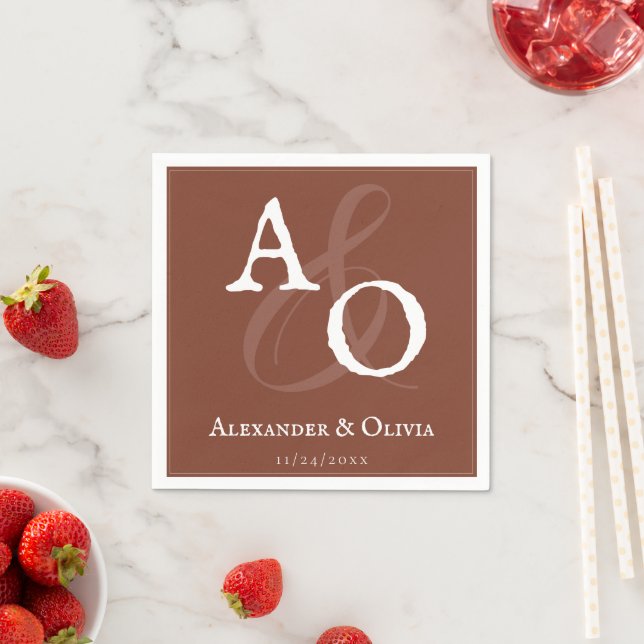 Italian Sunset Orange Minimalist Monogram Wedding Napkins (Insitu)