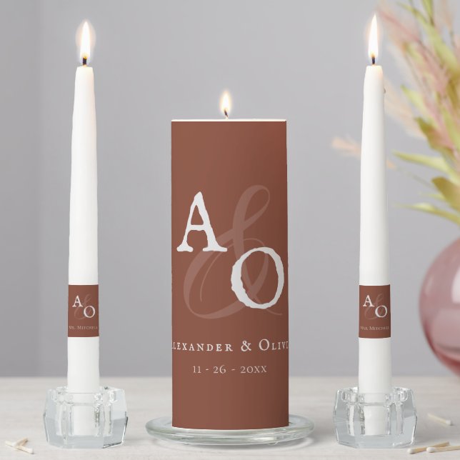 Italian Sunset Orange Minimalist Monogram Wedding Unity Candle Set (In Situ)