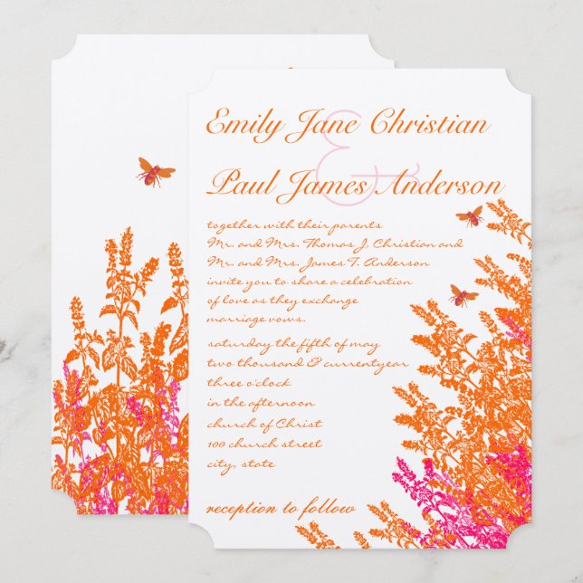 Italian Sunset Orange Pink Wildflower Bee Wedding Invitation (Front/Back)