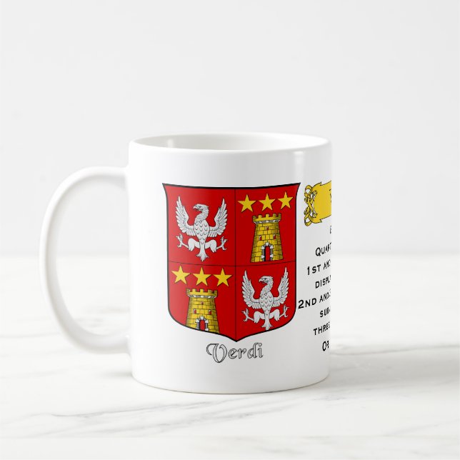 Italian Surname Verdi Heraldic Shield and Blazon Coffee Mug (Left)