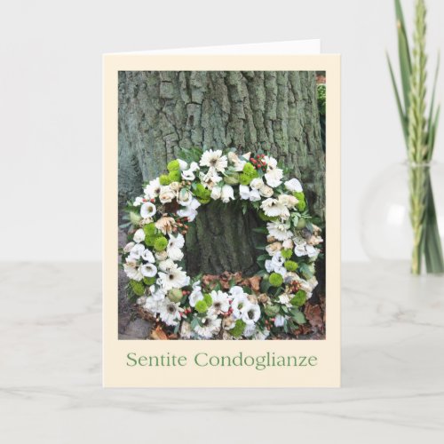 Italian Sympathy White flower wreath near tree Card