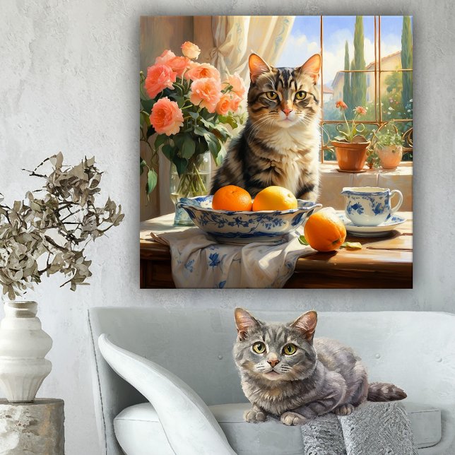 Italian Tabby Cat Still Life Fine Art (Fine art painting featuring a pretty tabby cat in a still life scene in Italy with roses and oranges)