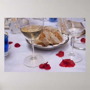 Italian Table: Bread, Wine and Bougainvillea Petal Poster