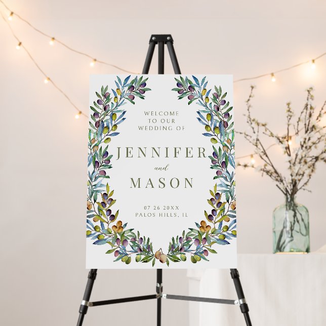 Italian theme olive branches wedding welcome sign (In Situ (Stand))