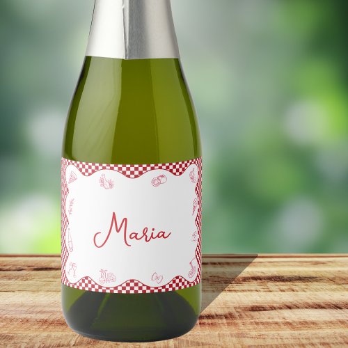 Italian_Themed Name Red Checkered Mini Champagne  Sparkling Wine Label