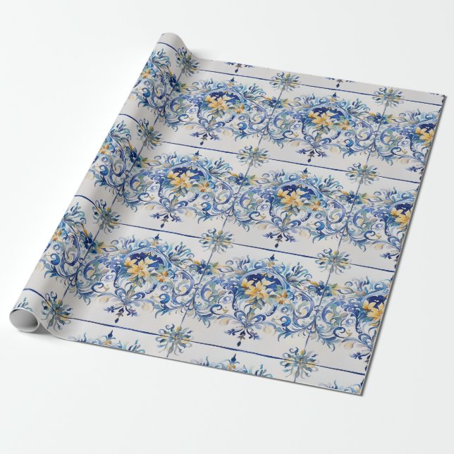 Italian Tile Blue and White Amalfi Coast Decoupage Wrapping Paper (Unrolled)