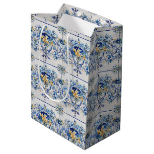 Italian Tile Blue and White Floral Bridal Shower Medium Gift Bag