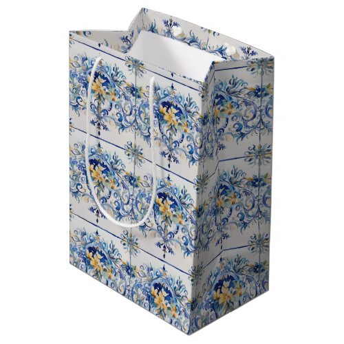 Italian Tile Blue and White Floral Bridal Shower Medium Gift Bag