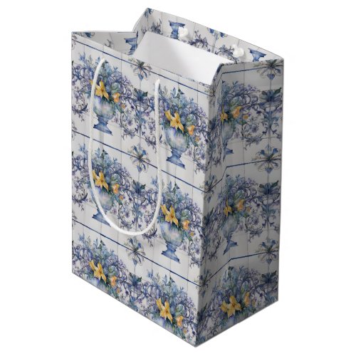 Italian Tile Blue and White Floral Bridal Shower Medium Gift Bag