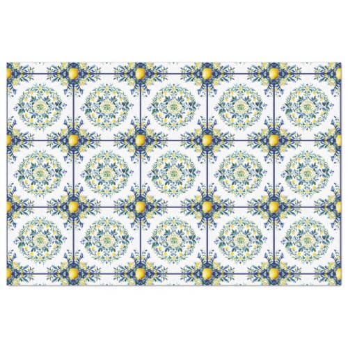 Italian Tile Blue and White Floral Lemon Decoupage Tissue Paper