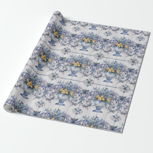 Italian Tile Blue and White Floral Vase Decoupage Wrapping Paper