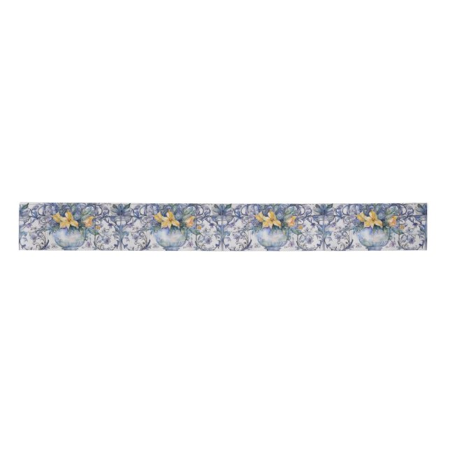 Italian Tile Blue and White Flower Vase Decoupage Satin Ribbon (Front)