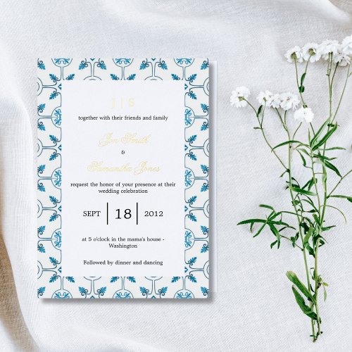 Italian tile blue foil invitation