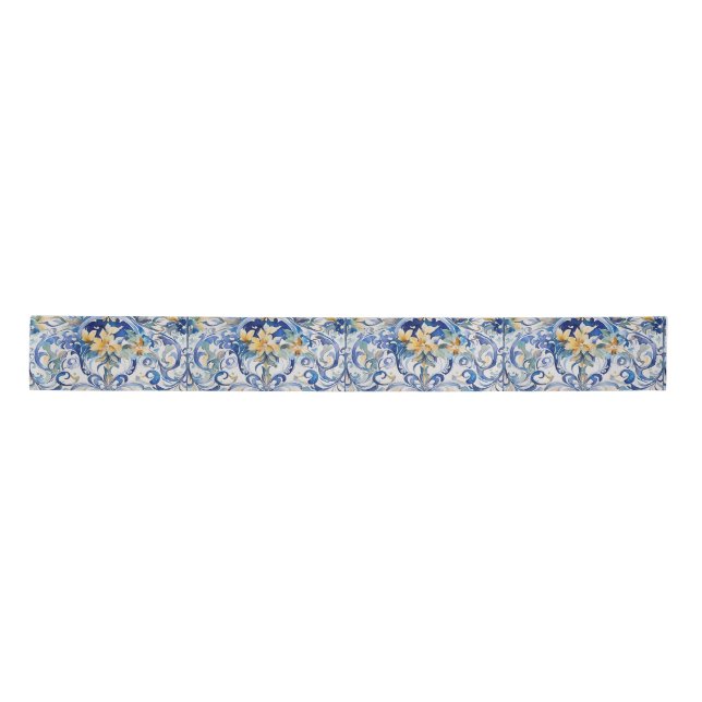 Italian Tile Blue n White Yellow Flowers Decoupage Satin Ribbon (Front)