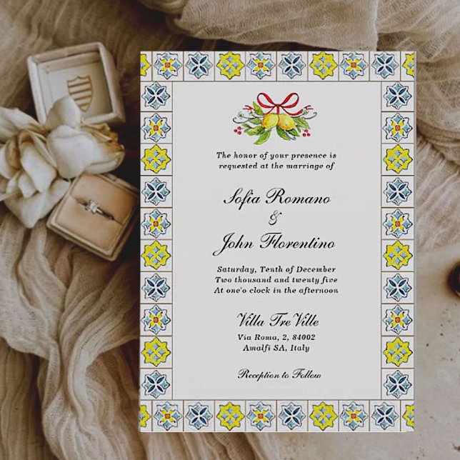 Italian tile border with Lemons & Bow  Wedding   Invitation (Creator Uploaded)