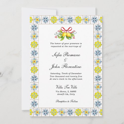 Italian tile border with Lemons  Bow  Wedding   Invitation