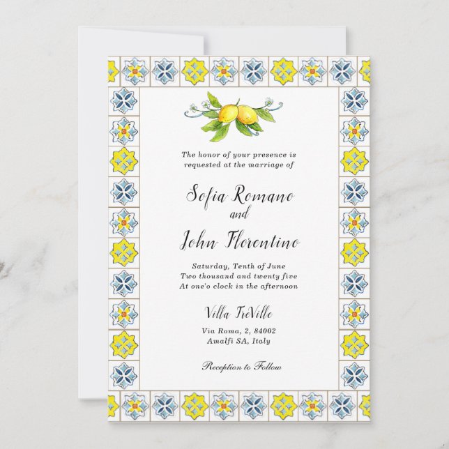 Italian tile border with Lemons Wedding  Invitatio Invitation (Front)