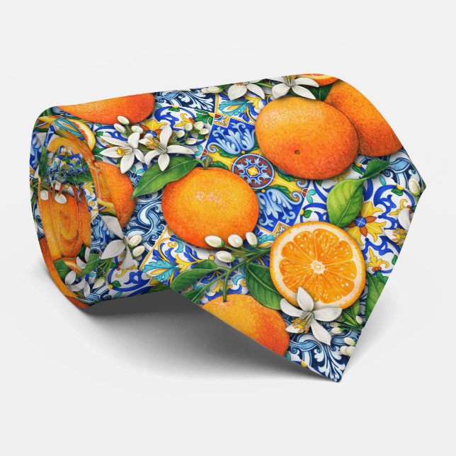 Italian Tile Citrus Pattern Mediterranean Neck Tie (Rolled)