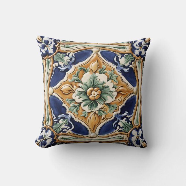 Italian tile, floral, majolica throw pillow (Front)