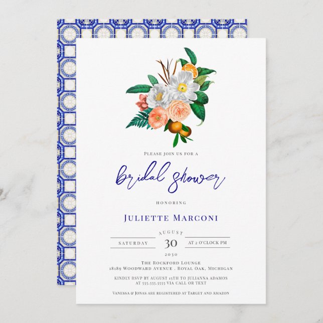 Italian Tile Mediterranean Floral Bridal Shower Invitation (Front/Back)