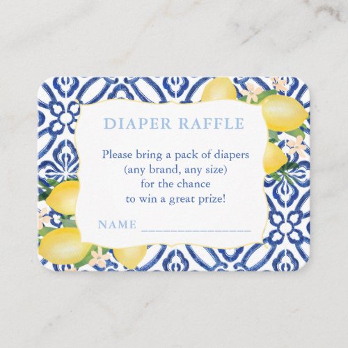 Italian Tiles And Lemons Baby Shower Diaper Raffle Enclosure Card - A simple and flexible insert card design to match my Citrus Lemons (Pale Blue accents with Cobalt Blue and White Azulejos reverse) Shower Invitation range.

I've set this up for a Diaper Raffle insert card / ticket but all of the text fields are completely flexible.