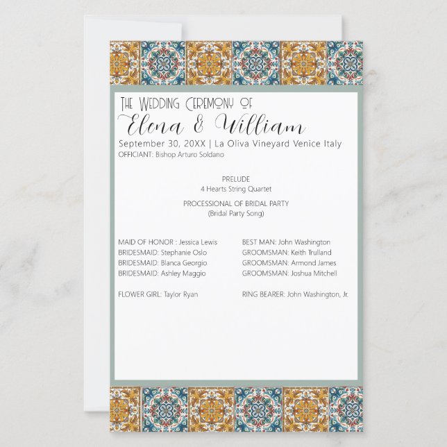 Italian Tiles Destination Wedding Ceremony Program (Front)