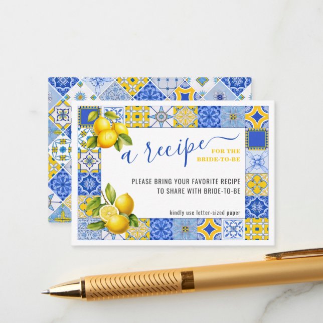 Italian Tiles Lemon Bridal Shower Recipe Request Enclosure Card (Front/Back In Situ)