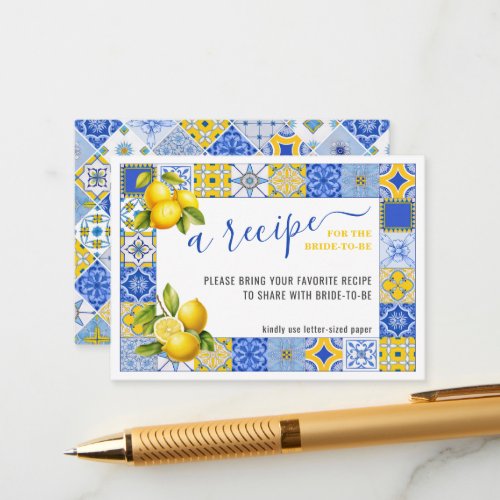 Italian Tiles Lemon Bridal Shower Recipe Request Enclosure Card