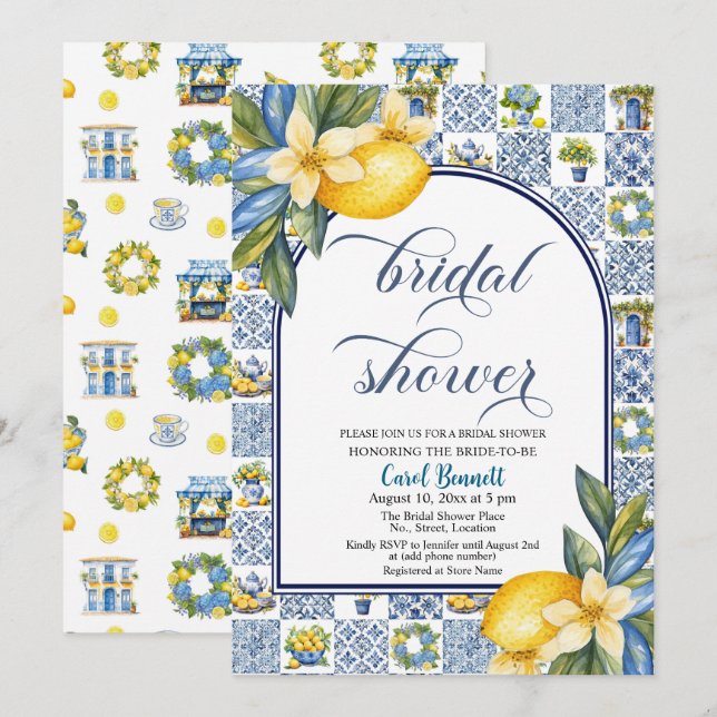 Italian Tiles Lemon Theme Summer Bridal Shower Invitation (Front/Back)