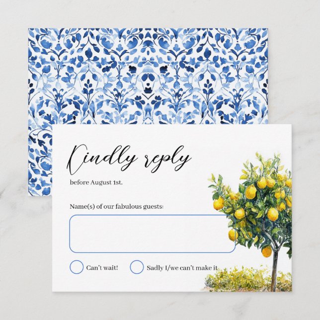 Italian Tiles Lemon Tree Watercolor Wedding  RSVP Card (Front/Back)