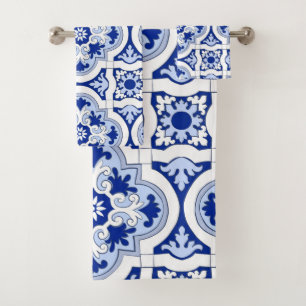 Italian tiles,majolica,blue and white pattern bath towel set