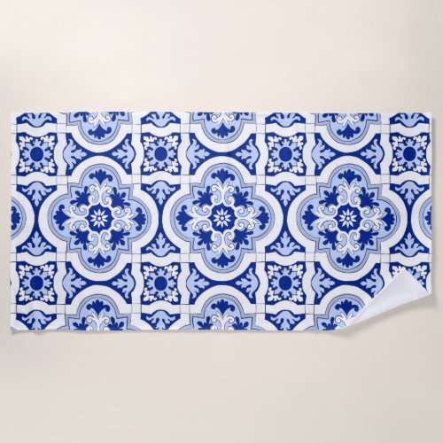 Italian tilesmajolicablue and white pattern   beach towel