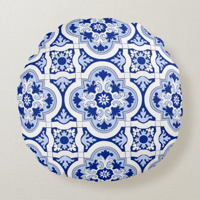 Italian tiles,majolica,blue and white pattern     round pillow (Front)