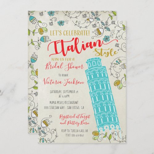 Italian Tower of Pisa Bridal Shower invitations