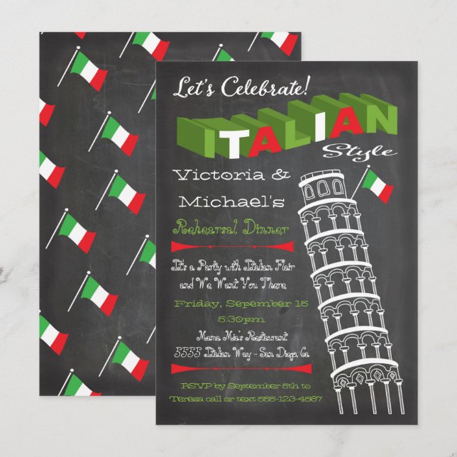 Italian Tower of Pisa Rehearsal Dinner Birthday Invitation (Front/Back)