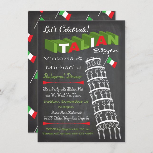 Italian Tower of Pisa Rehearsal Dinner Birthday Invitation (Front/Back)