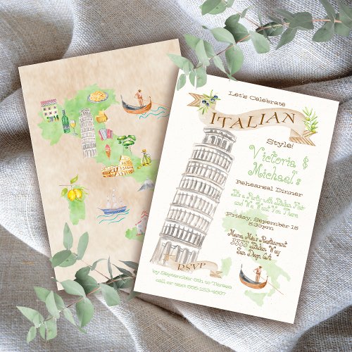 Italian Tower of Pisa Watercolor Map Invitation