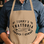 Italian Trattoria Personalized Restaurant Logo Adult Apron<br><div class="desc">Perfetto! Wow the Italian chef in your life with this unique gift. Our personalized logo apron will help keep nonna's secret marinara recipe off clothes, and send you straight to the top of the best gifts list. Apron features "[Name's] Trattoria, Italian Cuisine, since [year]" in vintage-style black text. Customize with...</div>