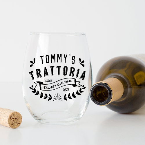 Italian Trattoria Personalized Restaurant Logo Stemless Wine Glass