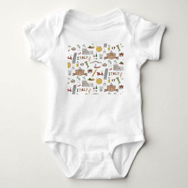Italian travel, national food, doodle pattern. baby bodysuit (Front)