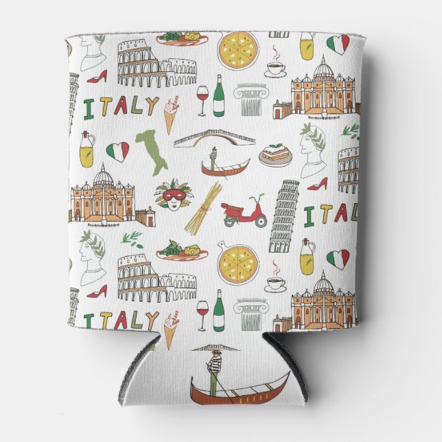 Italian travel, national food, doodle pattern. can cooler (Front)