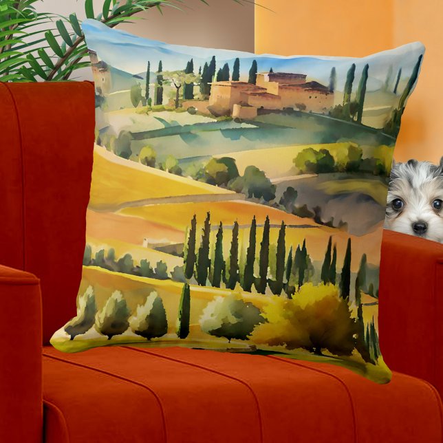 Italian Tuscan Watercolor Landscape Throw Pillow (Pillow featuring a watercolor painting of an Italian Tuscan landscape.)