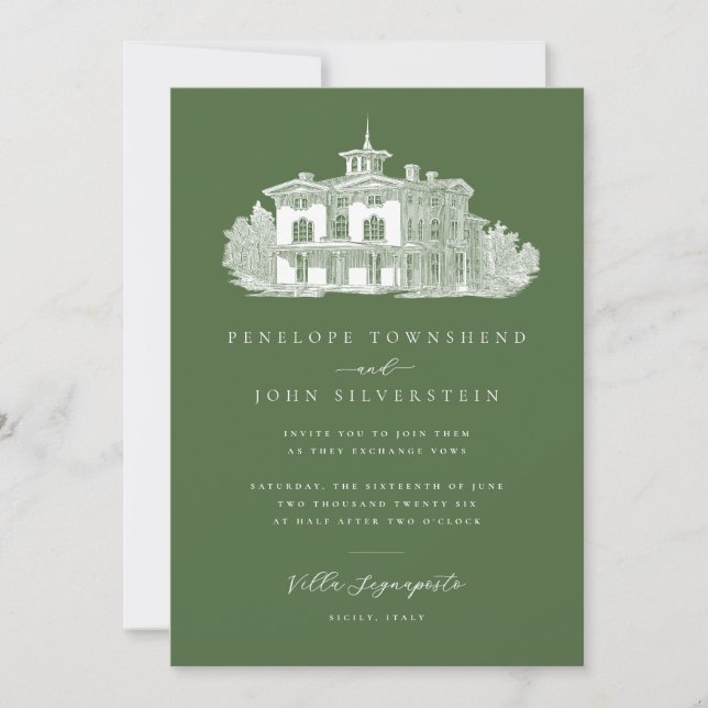 Italian Villa Illustration Olive Green Wedding Invitation (Front)