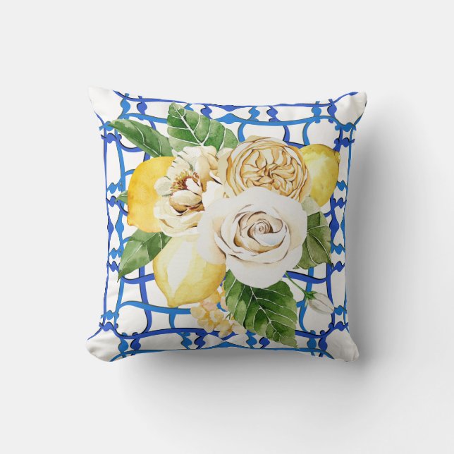 Italian villa lemon and roses blue tile throw pillow (Front)