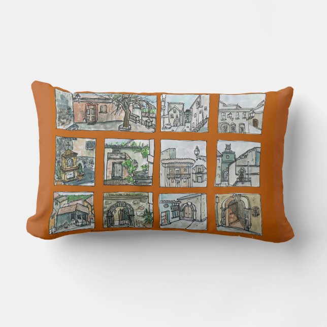 Italian Village Views in Brown Lumbar Pillow (Front)